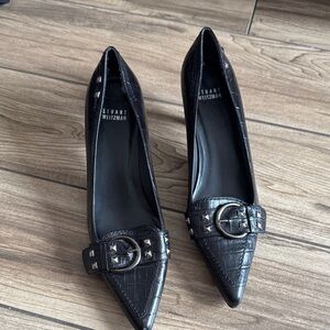 Stuart Weitzman Black Croc-Embossed Heels with Buckle